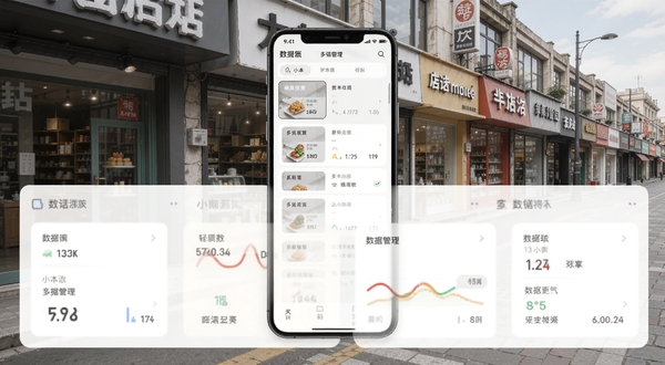 小本买卖多店铺管理界面,手机屏幕展示多个店铺切换列表和数据概览卡片,背景是商业街多家小店铺门面,白天光线,简洁现代风格