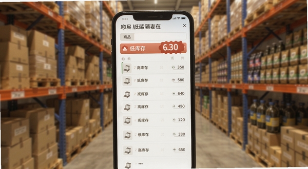 小本买卖库存管理页面,手机屏幕显示商品库存列表和低库存预警标识,背景是仓库货架,纸箱和商品整齐摆放,柔和灯光,写实风格