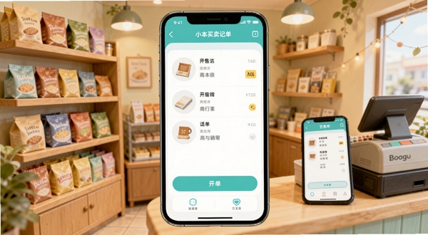 小本买卖记账软件主界面展示,手机屏幕中央显示商品销售开单页面,背景是温馨的小型店铺场景,货架上摆放着各类商品,收银台旁放置着手机,整体色调明亮清新,适合Boogu模型生成