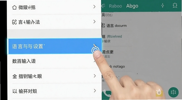 微信输入法安卓手机权限设置界面截图示意,画面展示设置菜单中语言与输入法选项高亮,旁边有手指点击图标,背景为手机系统设置页面风格,清晰直观