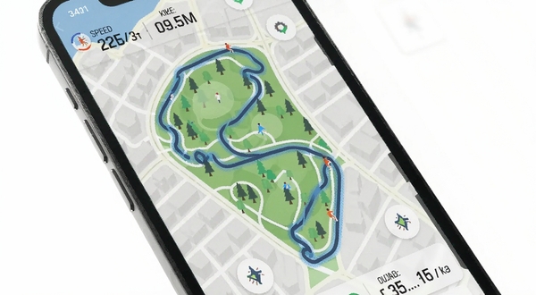 P动运动轨迹地图界面展示,蓝色路线蜿蜒穿过城市公园,界面显示配速与公里数,扁平化设计风格,手机屏幕特写