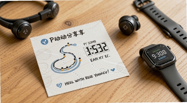 P动运动分享卡片,卡片上有跑步轨迹简图、里程数字与鼓励文字,放在木质桌面上,旁边有运动耳机与运动手表