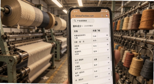 GlobalTextiles.com应用内产品规格库界面特写,屏幕中显示面料成分表与克重门幅参数,背景为纺织工厂卷布架与纱锭虚化场景,色调柔和偏暖,突出数据查询的便捷感,适配Boogu模型生成,比例16:9