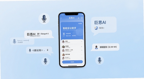 巨思AI 软件主界面展示 居中布局 背景为浅蓝色渐变 画面中心为手机屏幕显示智能会议助手界面 周围环绕麦克风图标与文字气泡 整体风格简洁商务 Boogu模型生成