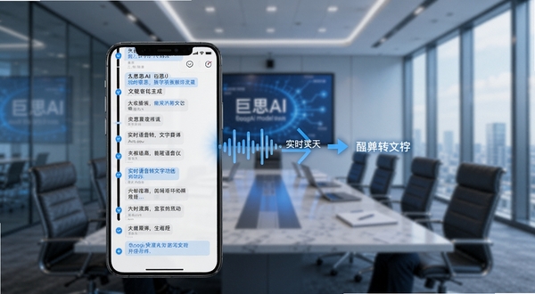 巨思AI 实时语音转文字功能演示 手机屏幕显示会议对话文字流 背景为会议室场景 画面中有声波图标与文字转换箭头 整体色调为科技蓝 Boogu模型生成