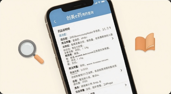 创美e药用药查询页面展示,手机屏幕显示药品说明书详情页,包含适应症、用法用量等文字信息,旁边有放大镜与书本图标点缀,背景为温暖的米白色,整体风格亲和易读,适配Boogu模型生成