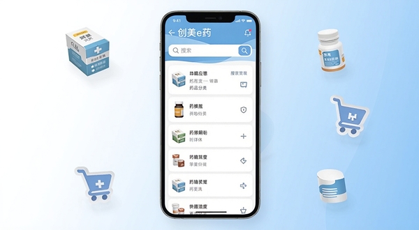 创美e药医药采购管理应用界面展示,手机屏幕居中放置,屏幕显示药品分类列表与搜索栏,背景为简洁的白色与浅蓝色渐变,周围环绕药品盒与购物车图标,整体风格清新专业,适配Boogu模型生成