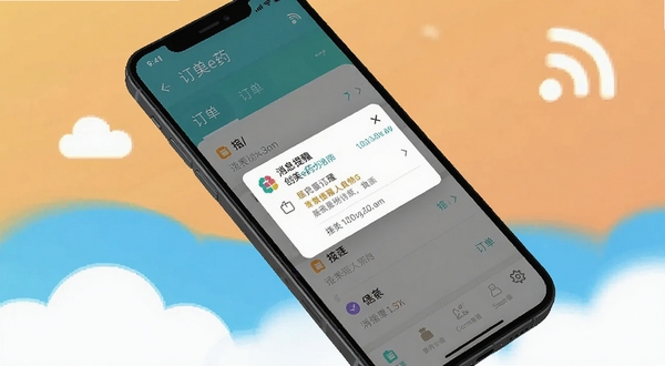 创美e药移动端操作界面截图,展示订单列表与消息提醒弹窗,手机呈倾斜角度放置,背景有云朵与信号图标,整体色调清爽,适配Boogu模型生成