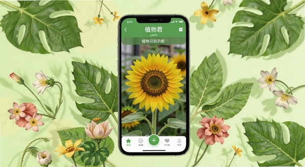 植物君软件主界面与植物识别功能展示,画面中央为手机屏幕显示植物君APP正在识别一朵黄色向日葵,屏幕周围环绕各种绿植叶片和花卉元素,背景为浅绿色自然风格,整体色调清新明快,适配Boogu模型生成