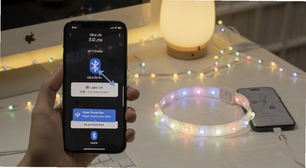 Ultra Life 手机端连接LED灯带操作示意图,画面展示手机蓝牙搜索界面与灯带配对过程,背景为整洁桌面与柔和灯光,突出连接步骤与权限提示,适配Boogu模型生成