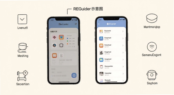 REGuider 使用技巧示意图,画面展示手机屏幕中收藏夹与备份列表两个区域,背景为柔和米白色,点缀简约线条图标,整体风格清爽实用