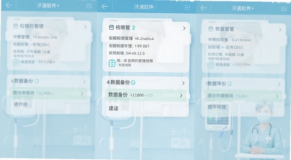 汗滴软件设置界面截图,手机屏幕显示权限管理与数据备份选项,背景为淡蓝色医疗风格,画面干净有序