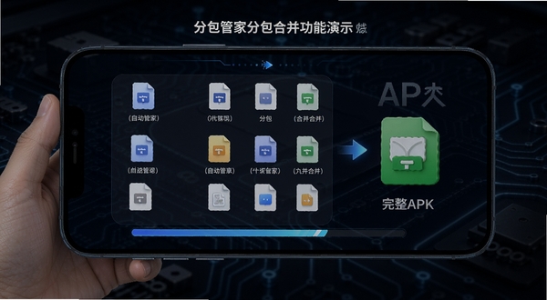 分包管家分包合并功能演示,手机屏幕展示多个分包文件被自动识别并合并为一个完整APK的过程,画面中有进度条与文件图标,背景为深色科技风格,突出智能合并的技术感