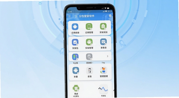 分包管家软件主界面展示,手机屏幕中央呈现应用列表与安装包管理功能模块,背景为浅蓝色渐变科技风格,图标简洁清晰,整体画面明亮干净,突出安卓应用管理工具的便捷性与专业感