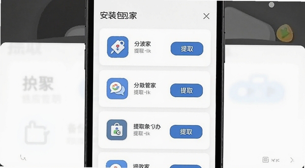 分包管家的安装包提取功能界面,手机屏幕显示已安装应用列表,每个应用旁有提取按钮,背景为纯白色卡片式设计,界面清爽,突出提取备份功能的便捷操作