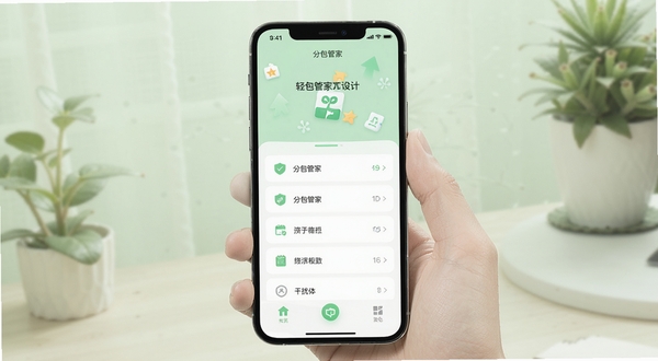 分包管家轻量简洁的界面设计展示,手机屏幕呈现干净的功能菜单,没有广告弹窗,背景为淡绿色清新风格,突出软件的轻量化与无干扰体验