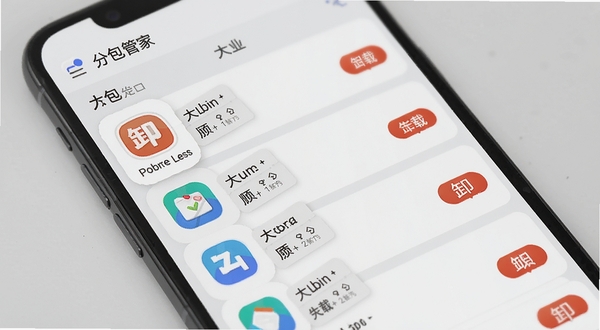 分包管家的应用管理界面,手机屏幕显示应用列表按大小排序,带有卸载按钮和应用信息标签,背景为浅灰色简洁风格,体现管理功能的清晰与高效