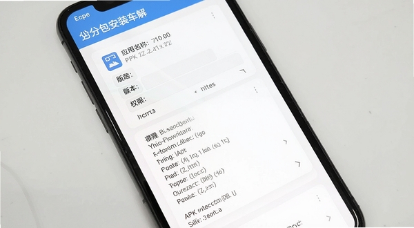 分包管家安装包解析功能界面,手机屏幕展示APK文件的详细解析信息,包括应用名称、版本、权限列表等,背景为白色卡片式布局,突出信息展示的完整性与清晰度