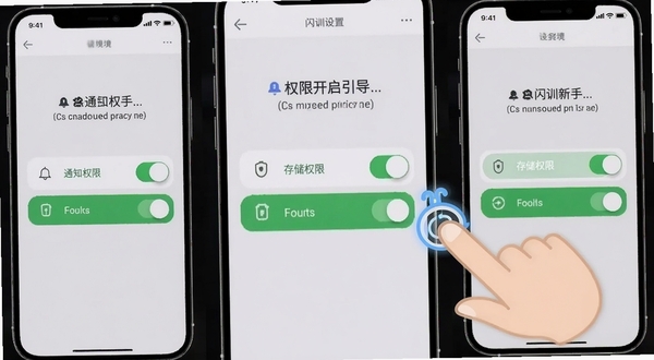 闪训新手设置界面截图,手机屏幕展示权限开启引导页,页面有“通知权限”“存储权限”两个开关按钮,背景为淡灰色极简风格,旁边有手指点击屏幕的示意动画,画面清晰直观