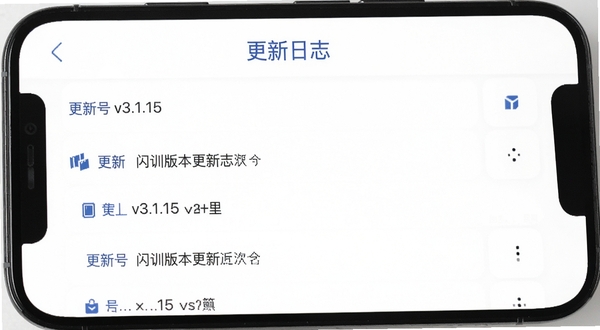 闪训版本更新日志页面截图,手机屏幕显示更新列表与版本号v3.1.15,页面顶部有“更新日志”标题,背景为纯净白色,搭配少量蓝色点缀,整体风格干净利落
