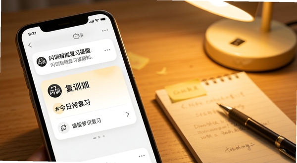 闪训智能复习提醒功能界面,手机屏幕显示一条复习通知与待复习知识点卡片,卡片上有闪训Logo与“今日待复习”字样,背景为柔和暖光下的书桌一角,旁边放着便签纸和笔,画面温馨且具有学习氛围