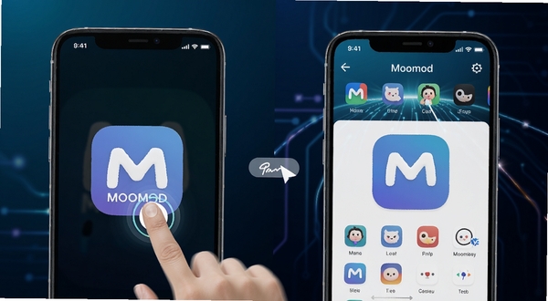 MoomodӦ�������ٶȶԱ�ʾ��ͼ���������Ϊ�ֻ���Ļ��ʾMoomodͼ�걻�����˲�䣬�Ҳ�ΪӦ�ý����Ѿ���ȫ������ɣ�����Ϊ��ɫ�Ƽ��н��䣬ͻ��������Ӧ���Ӿ����ܣ�����Booguģ������