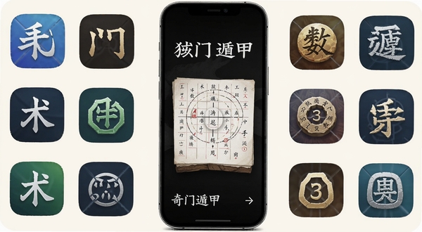 奇门遁甲 手机应用 同类排盘软件 对比展示 图标排列 浅色背景 简约风格 术数工具集合 高清界面