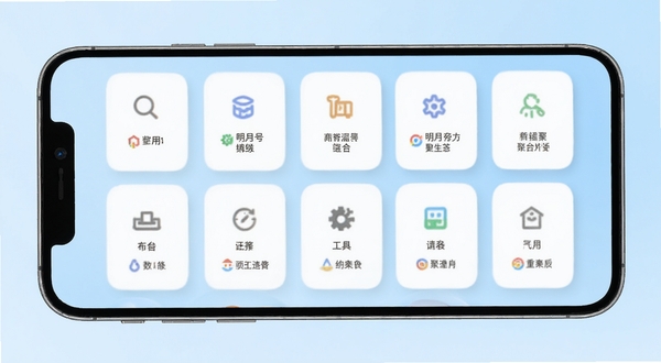 明月号多功能工具聚合面板界面预览图,手机屏幕中央展示功能卡片网格,背景为浅蓝色渐变,卡片带有柔和圆角与阴影,整体风格清爽简洁