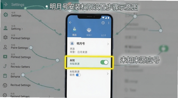明月号安装权限设置步骤示意图,手机屏幕显示设置界面,高亮标注未知来源应用开关位置,背景为系统设置菜单,整体为扁平化教程风格