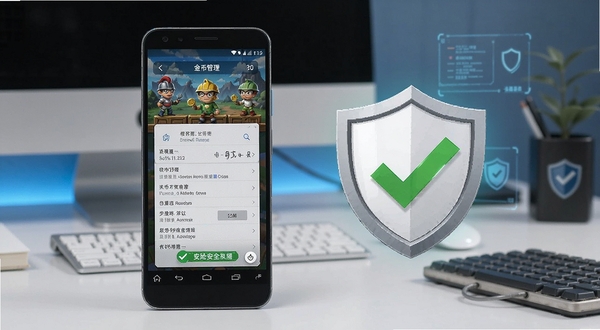 金币探险安全使用场景,画面展示一部安卓手机屏幕上显示游戏设置中的权限管理界面,旁边有盾牌图标与绿色对勾表示安全状态,背景区域为简洁的办公桌面,整体风格为科技安全宣传图