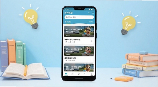 比特课堂手机应用主界面展示,画面中央放置一部竖屏安卓手机,屏幕内呈现比特课堂软件首页课程列表与顶部搜索栏,背景为浅蓝色渐变学习场景,周围点缀书本、灯泡等学习元素,整体风格简洁明亮,适配Boogu模型生成