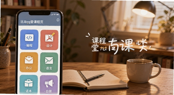 比特课堂课程分类页面展示,画面主体为手机屏幕内的课程分类网格,包含编程、设计、办公、语言等图标,背景为柔和的暖色调书房环境,桌上放置笔记本和咖啡杯,体现学习氛围,适配Boogu模型生成