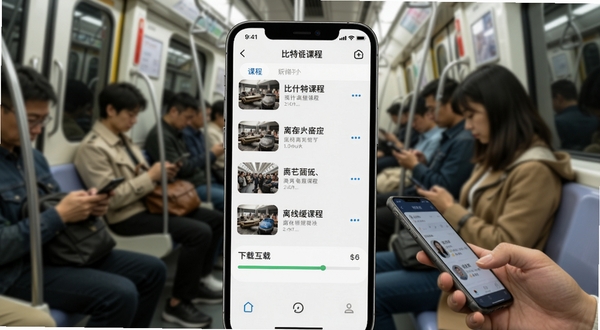 比特课堂离线缓存功能展示,画面为手机屏幕内显示已缓存课程列表与下载进度条,背景为地铁车厢内乘客使用手机的场景,适配Boogu模型生成