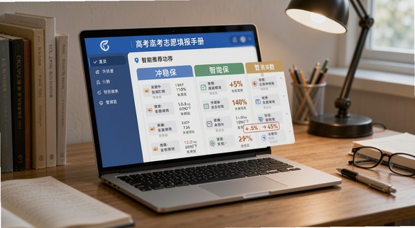 高考志愿填报手册智能推荐功能界面,展示冲稳保三档院校列表,屏幕上有明显的分数与概率百分比标签,背景是书桌与笔记本电脑,氛围安静专注