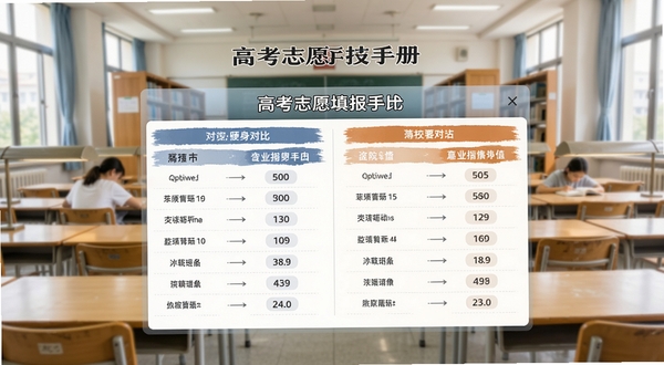 高考志愿填报手册院校对比界面,展示两所大学的各项数据并排对比,界面干净整洁,背景是教室或图书馆场景,光线明亮