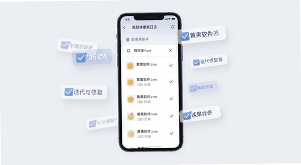 黄果软件更新日志页面示意图,画面为手机屏幕显示版本更新列表,界面简洁,背景为淡灰色,屏幕旁边漂浮着版本号标签和勾选图标,体现迭代与修复的概念,整体色调冷静专业,适合软件下载站配图