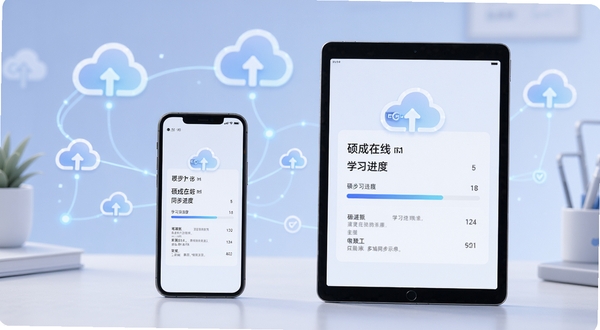 硕成在线多端同步示意图,手机与平板并排显示相同学习进度,背景为简洁的云同步图标与连接线条,科技感柔和色调