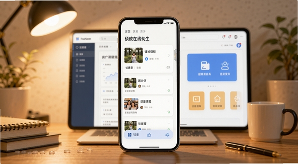硕成在线软件主界面展示,画面中央为手机屏幕内显示课程列表与题库入口,背景为书桌场景,柔和暖光,扁平化设计风格,高清细节