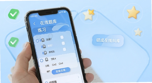 硕成在线题库练习界面,手机屏幕展示选择题与答题卡,背景为淡蓝色渐变,点缀对勾与星标图标,体现刷题与纠错场景