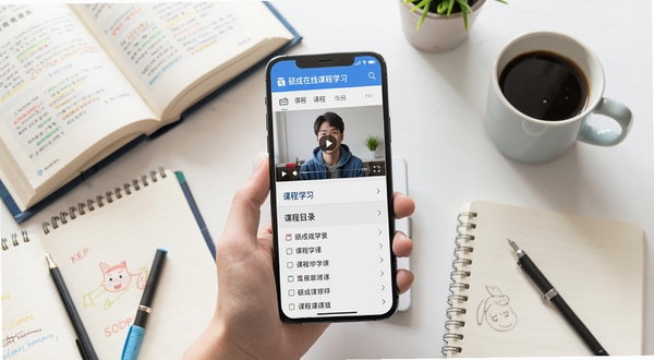 硕成在线课程学习界面,手机屏幕显示视频播放窗口与课程目录,周围环绕书本、笔记本、咖啡杯等学习元素,清新明亮风格,突出在线学习氛围