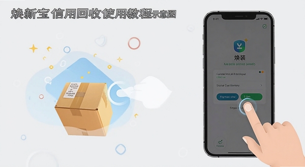 焕新宝信用回收使用教程示意图,画面为手机屏幕显示安装权限设置界面,旁边配有手指点击操作的插画风格,背景为淡灰色