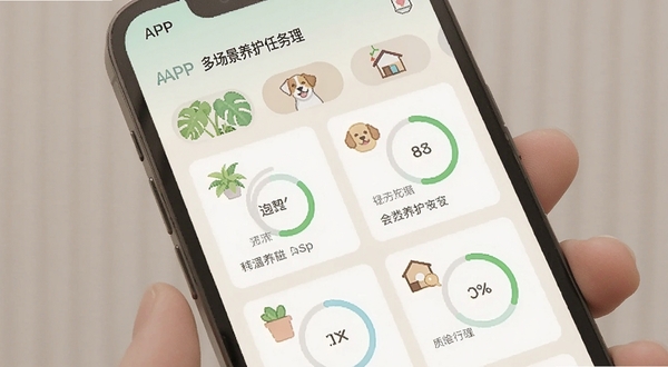 看着养APP内多场景养护任务管理界面,手机屏幕显示绿植、宠物、家居等分类标签,每个标签下排列着带有图标和进度环的任务卡片,背景为柔和米白色,画面简洁现代