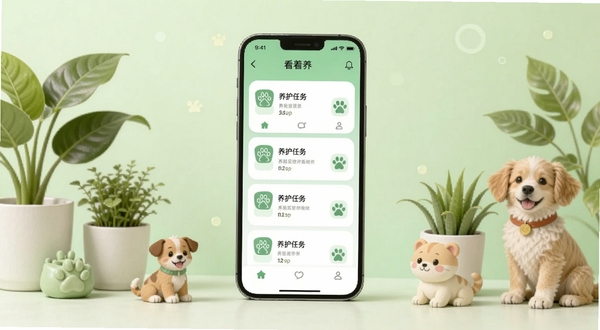 看着养应用主界面全景展示,画面中央是手机屏幕,屏幕内呈现看着养APP的养护任务卡片列表,背景为浅绿色渐变,周围点缀绿植与宠物元素,整体风格清新简约,适配Boogu模型生成