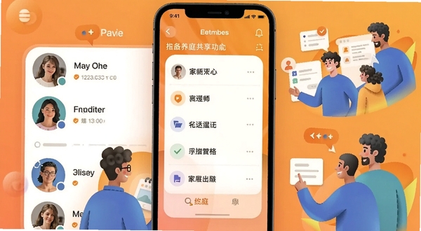 看着养家庭共享功能界面,手机屏幕显示家庭成员头像列表和任务分配面板,背景为温暖橙色渐变,画面中有多人协作的抽象插画元素