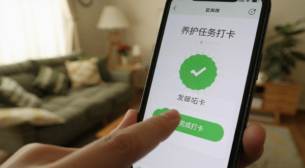 看着养移动端操作界面特写,手指正在点击养护任务打卡按钮,屏幕显示绿色完成动画效果,背景为虚化的家居环境,画面温馨自然