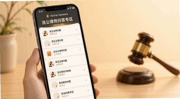 法公律师问答专区界面,手机屏幕展示常见法律问题列表,背景为柔和暖色调,突出知识服务属性