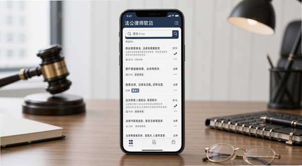 法公律师软件界面展示法律法规智能检索功能,手机屏幕中呈现法律条文列表与搜索框,背景为简洁的办公桌面,整体色调沉稳专业