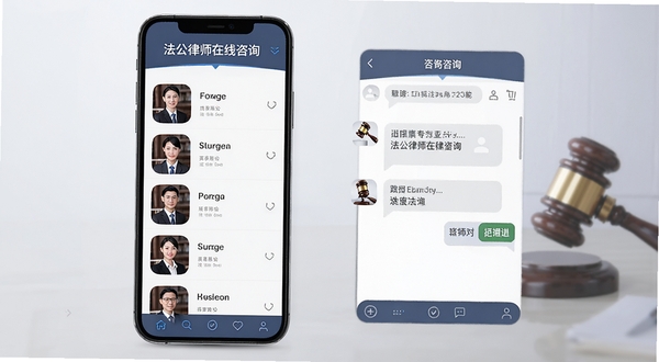 法公律师在线咨询功能界面,手机屏幕显示律师列表与咨询对话框,背景为浅灰色渐变,突出专业法律服务氛围