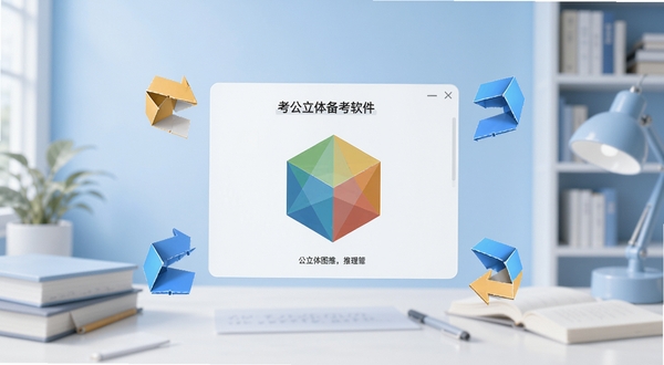 考公立体图推软件主界面展示,中央为悬浮的立体几何图形推理题目,四周环绕折叠展开的动态箭头标识,背景为清爽的浅蓝色学习场景,整体画面简洁专业,突出公务员备考氛围