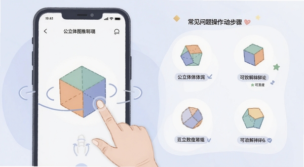 考公立体图推移动端操作界面截图风格插画,展示手机屏幕中立体图形旋转操作手势示意图,旁边配有常见问题解决步骤的简洁图标,整体色调柔和,适合作为使用教程配图
